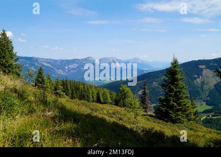 Ein Wanderweg mit Blick auf die malerische alpine Landschaft am Fuße des Dachsteins in den österreichischen Alpen der Region Schladming-Dachstein Stockfoto