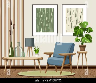 Wohnzimmereinrichtung mit Sessel, Holzlatten, abstrakten Gemälden und einer Monstera-Pflanze. Modernes Innendesign. Cartoon-Vektordarstellung Stock Vektor
