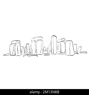 Stonehenge Illustrationsvektor von Hand gezeichnet, isoliert auf weißem Hintergrund, Strichgrafik. Stock Vektor