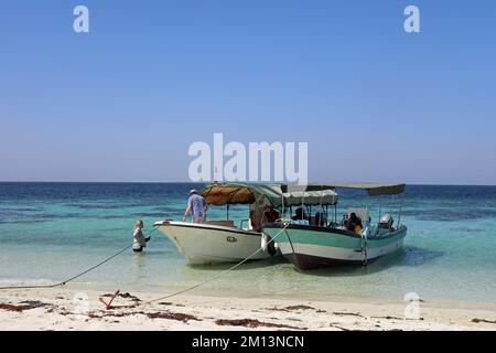 Touristen auf einer Bootsfahrt von Massawa zu den unberührten Dahlak-Inseln Stockfoto