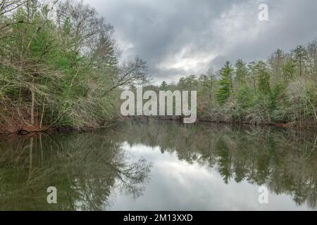 Das glasige Wasser am Byrd Creek Lake im Cumberland State Park, Tennessee, bietet an einem kalten, regnerischen Tag eine wunderschöne Kulisse für Naturszenen. Stockfoto