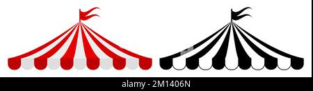 Zirkuszelt mit einer geteilten Flagge, gestreiftes rotes und durchgehend schwarzes Symbol. Karneval-Kuppeldach, Vorlage für Design. Flaches Vektormodell, isoliert auf weißem Hintergrund Stock Vektor