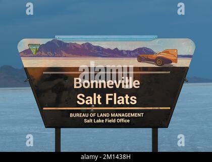 Bonneville Salt Flats Schild nahe Wendover, Utah am 21. Oktober 2022 Stockfoto