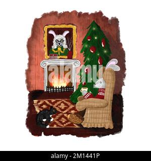 Handgezeichnete Illustration des Sylvester-Symbols des Hasen 2023 in einem gemütlichen Wohnzimmerappartement mit weihnachtsbaum-Kamin, Sessel. Niedliches Retro-Vintage-Kartenposter, chinesisches Häschen-Hasen-Design, englische Szene Stockfoto