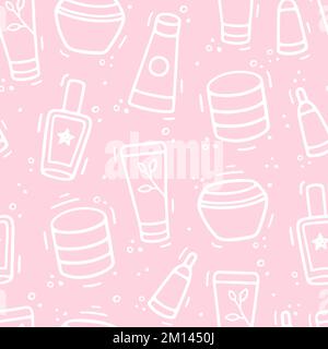 Kosmetik Creme Gläser Pink Kollektion nahtloses Muster. Comic Doodle Sketch Stil. Vektor Hand gezeichnete Kosmetik Sammlung Illustration. Skizze von kosmetischen Elementen. Stock Vektor
