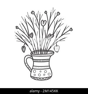 Handgezeichnete Blumenvase mit Herzen für Liebende. Designelemente für den Valentinstag. Vektordarstellung. Stock Vektor