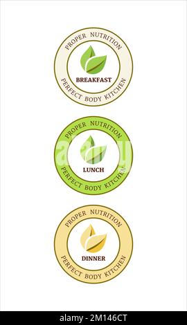 Logos für ein gesundes, nachhaltiges und umweltfreundliches Lebensmittelunternehmen. Logos, Aufkleber für drei Mahlzeiten - Frühstück, Mittag- und Abendessen. Konzept für Logo, Schild, Design, Symbol o Stock Vektor