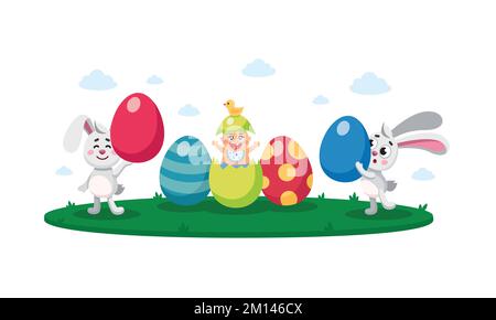 fröhliche ostern, Eierjagd flache Kindervektordarstellung, Komposition, Banner, Karte, Poster mit gemalt, Dekorative Eier, neugeborenes Baby, osterkaninchen, Stock Vektor
