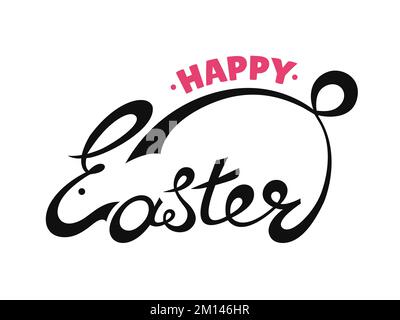Handgefertigter Schriftzug „Happy Easter“-Text als Osterlogo, Abzeichen, Häschen-Ikone. Handgezeichnete osterpostkarte, Logo, Einladung, Poster, Banner Tem Stock Vektor