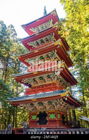 Malerisches fünfstöckiges Gebäude der Pagode Gojunoto im Nikko Toshogu Schrein im Herbst Stockfoto