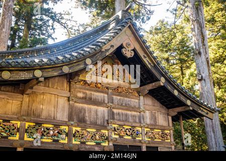 Der Tree Monkeys-Schrein im Toshogu-Komplex in Nikko Japan am Tag Stockfoto