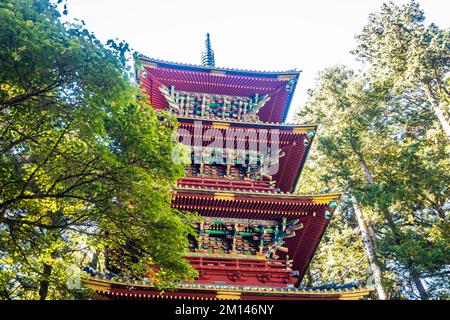 Malerisches fünfstöckiges Gebäude der Pagode Gojunoto im Nikko Toshogu Schrein im Herbst Stockfoto