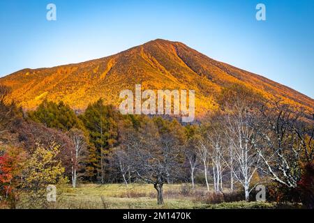 Malerischer Sonnenuntergang am Mount Nantai im Nikko-Nationalpark Japan Stockfoto