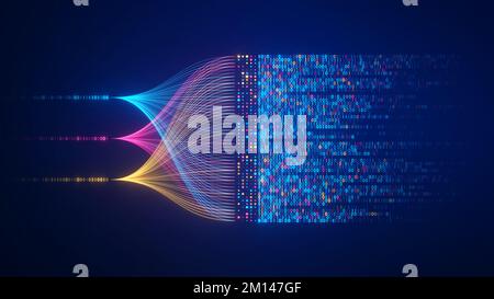 Big-Data-Technologie und Data-Science-Illustration. Datenflusskonzept. Abfragen, Analysieren und Visualisieren komplexer Informationen. Neuronales Netzwerk für künstlich Stockfoto