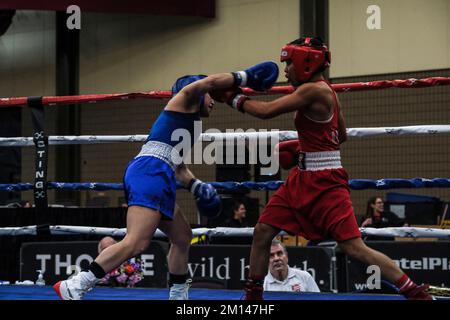 Lubbock, TX, USA. 9.. Dezember 2022. Action zwischen Brook Sibrian (blau) aus Palm Desert, CA, und Issabel Vasquez aus Orlando, FL im Elite Female 114lb Championship-Kampf. Sibrian wurde durch Entscheidung in zum Sieg erklärt. (Kreditbild: © Adam DelGiudice/ZUMA Press Wire) Kredit: ZUMA Press, Inc./Alamy Live News Stockfoto