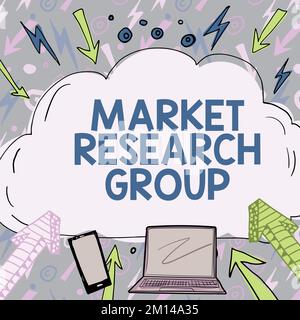 Handschriftliches Schild der Market Research Group. Konzeptfoto Sammeln Sie Informationen über Zielmärkte oder Kunden Stockfoto