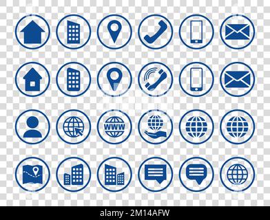 Runde blaue Symbolgruppe für Kontaktinformationen für Standort-PIN-, Telefon-, Web- und Mobiltelefon-, Personen- und E-Mail-Symbole. Stock Vektor