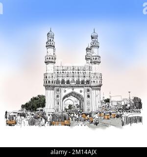 Charminar Hyderabad India, Illustration oder Skizze, handgezeichnete Illustration, Illustration auf weißem Hintergrund Indische Touristenattraktion Charminar Mahal Stockfoto