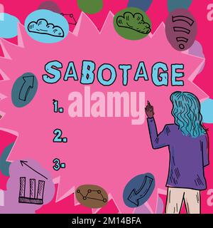 Inspiration mit Zeichen-Sabotage. Geschäftsansatz Zerstörung von Werkzeugen und Materialien eines Arbeitgebers durch Arbeitnehmer Stockfoto