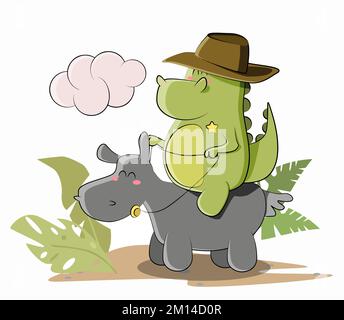 Grüner Drache Cowboy reitender Pferdeseriff in Illustration Stock Vektor