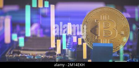 Bitcoins und neues Virtual Money-Konzept. Bitcoins aus Gold mit Candle-Stick-Diagramm und digitalem Hintergrund. Stockfoto