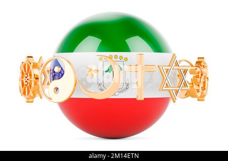 Die Flagge Äquatoguineas ist auf einer Kugel mit Religionssymbolen gezeichnet, 3D wird auf weißem Hintergrund isoliert dargestellt Stockfoto