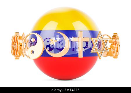 Venezolanische Flagge auf einer Kugel mit Religionssymbolen, 3D isoliert auf weißem Hintergrund Stockfoto
