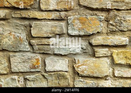 Der Hintergrund ist mit grauen, sandigen und beigen Steinen gesäumt. Stockfoto