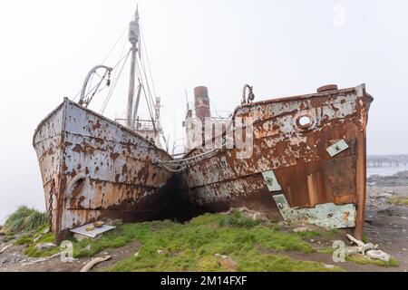 Alte, rostige Walfangschiffe und Verarbeitungsanlagen in einer inzwischen verlassenen Walfangstation in Grytviken auf der Insel Südgeorgien Stockfoto