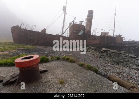 Alte, rostige Walfangschiffe und Verarbeitungsanlagen in einer inzwischen verlassenen Walfangstation in Grytviken auf der Insel Südgeorgien Stockfoto