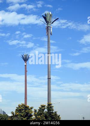 Handymast in Ägypten oder Mobilfunkantenne, getarnt auf gefälschten Palmen, die in angemessenen Abständen entlang von Straßen und Nebenstraßen platziert werden, um ov zu kommunizieren Stockfoto