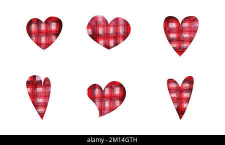 Handgezeichnete Aquarelle, strukturierte rote karierte Herzen zum Valentinstag. Isoliert auf weißem Hintergrund. Design für Papier, Liebe, Begrüßung Stockfoto