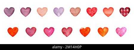Handgezeichnete Aquarelle, strukturierte rote, rosa und lila Herzen zum Valentinstag. Isoliert auf weißem Hintergrund. Design für Papier, Liebes Stockfoto