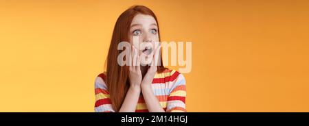 Schockiert erstaunt junge Drama Mädchen rothaarige blaue Augen keuchend Empathie Berühren Wangen schockiert Tropfen Kiefer Sorge drehen links überrascht Stehend Stockfoto