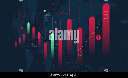 Digitale Visualisierungsgraph der Finanzmarktanalyse auf dem Hintergrund der Weltkarte, Bericht aus der Geschäftsanalyse, der Fall und die Krise o Stockfoto