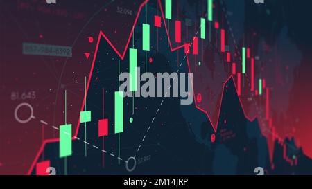 Diagramm der Finanzmarktanalyse auf dem Hintergrund der Weltkarte, des Falls und der Krise der Weltwirtschaft, Bericht aus der Geschäftsanalyse, Stockfoto