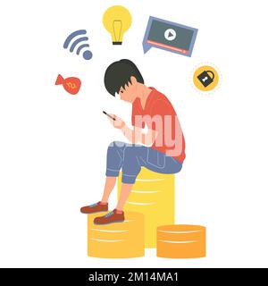 Der Typ schaut auf das Telefon. Spiele, Online-Arbeit, Medien. Gelegenheit, Geld zu verdienen. Stock Vektor