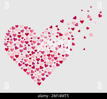 Die verstreuten pinkfarbenen und roten Papierherzen auf weißem Hintergrund – minimalistisches Valentinskartendesign Stockfoto