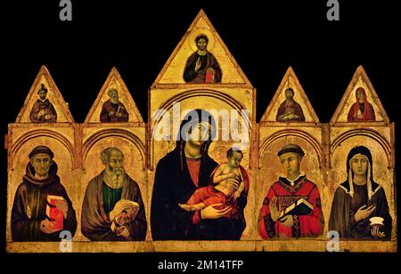 Madonna und Kind, Heiliger Johannes, der Evangelist, Francis, Stephen, Clare, Christliche Kunst, Italien, Italienisch. Stockfoto