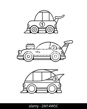 Rennwagen. Kinder malen Seiten-Vektorgrafiken für Buch und Zeichnung aus. Schwarze Konturskizze isoliert auf weißem Hintergrund. Fahrzeug mit hoher Geschwindigkeit eingestellt. Stock Vektor