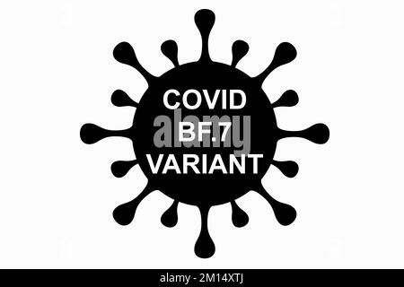 BF.7. Neue Variante des SARS-CoV-2-Coronavirus. Subvariante von Omicron. Horizontale Konstruktion. Virus-Design und schwarzer Text. Coronavirus. Stockfoto