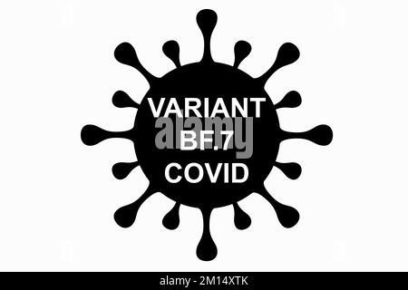 BF.7. Neue Variante des SARS-CoV-2-Coronavirus. Subvariante von Omicron. Horizontale Konstruktion. Virus-Design und schwarzer Text. Coronavirus. Stockfoto