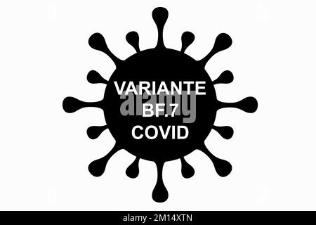 BF.7. Neue Variante des SARS-CoV-2-Coronavirus. Subvariante von Omicron. Horizontale Konstruktion. Virus-Design und schwarzer Text. Coronavirus. Stockfoto