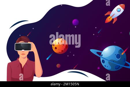 Frau trägt VR-Headset mit Space und View Premium Vector Stock Vektor