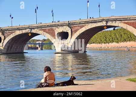 Die Pont Neuf mit sieben Bögen über den Fluss Garonne, Toulouse, Frankreich, wurde 1542-1632 erbaut; Mauerwerk mit Ziegeltafeln, ein Meisterwerk der Renaissance Stockfoto