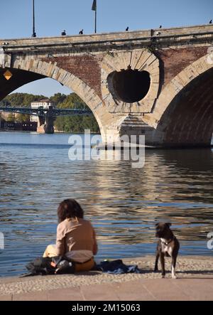 Die Pont Neuf mit sieben Bögen über den Fluss Garonne, Toulouse, Frankreich, wurde 1542-1632 erbaut; Mauerwerk mit Ziegeltafeln, ein Meisterwerk der Renaissance Stockfoto