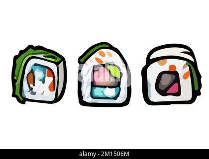 Vector Cartoon Sushi serviert asiatisches Essen mit Fisch, Reis, Seetang, Kaviar. Stock Vektor