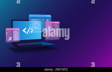 Webentwicklung, Programmierung und Code-Tests UI-Konzept mit Laptop, das futuristischen Code anzeigt Stock Vektor