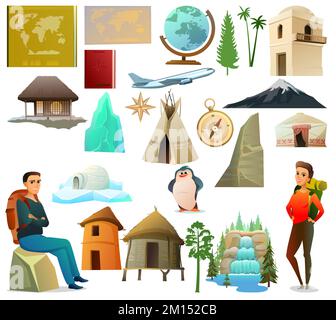 Legen Sie die Objekte für die Weltgeografie fest.Reiseelemente und Pflanzen Bäume von Klimazonen. Wohnungen verschiedener Völker von Ländern. Isoliert auf weißem Hintergrund Stock Vektor
