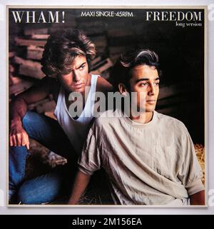 Bildcover der 12 cm großen Einzelversion von Freedom by Wham!, die 1984 veröffentlicht wurde. Stockfoto